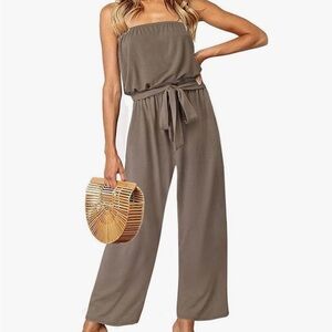 Amazon ZESICA Women's 2024 Casual Strapless Belted Wide Leg Jumpsuit Romper